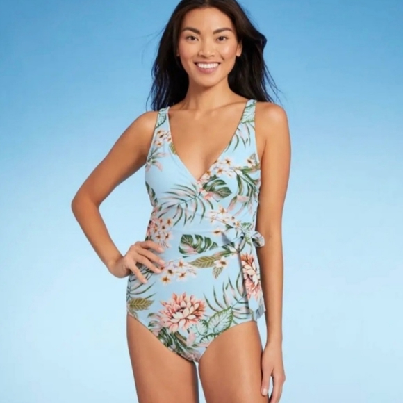 Kona Sol Women's Wrap-Front One Piece Floral Tropical Swimsuit - Picture 1 of 9